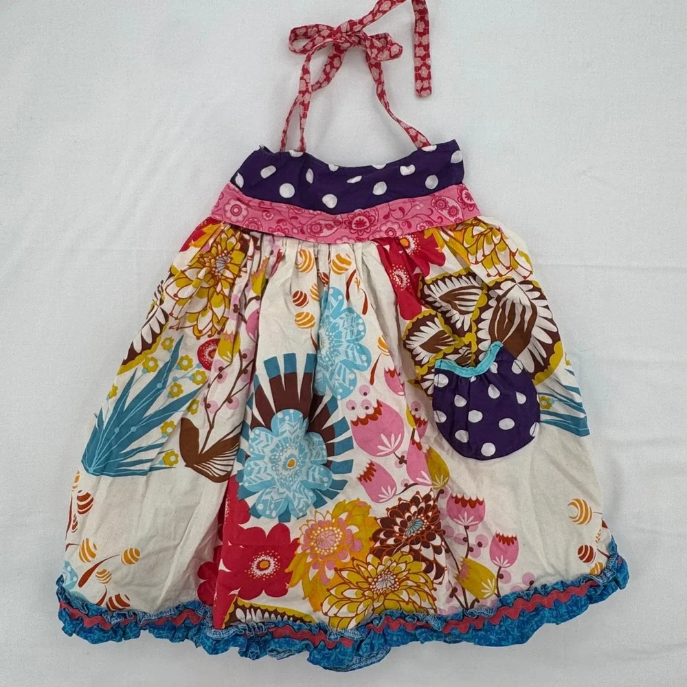 Handmade Vtg 2000s Girls Boho Floral Polka Dot Halter Dress Ruffle Trim 2T/24M